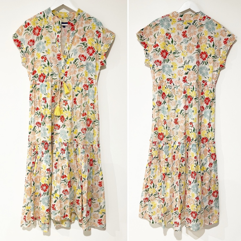Ro’s Garden Multicolor Floral Midi Drawstring Tassel Waist Button Front Dress